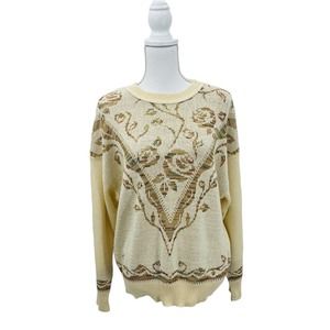 Vintage Floral Crew neck Metallic Thread Casual Sweater Size L Large